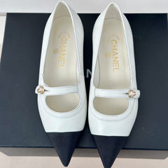 Double C Milan Runway Pointed Toe Mary Jane Shoes White Black Lambskin