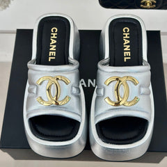 Large Double C Platform Slippers Silver