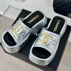 Large Double C Platform Slippers Silver