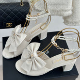 Double C Big Bow Pearl Chain High Sandals White Lambskin