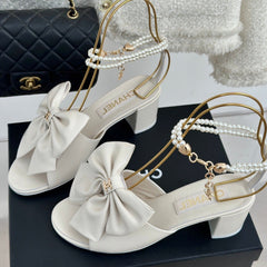 Double C Big Bow Pearl Chain High Sandals White Lambskin