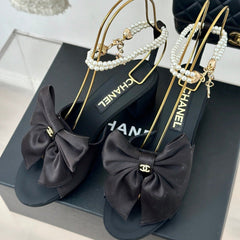 Double C Big Bow Pearl Chain High Sandals Black Lambskin