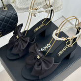 Double C Big Bow Pearl Chain High Sandals Black Lambskin
