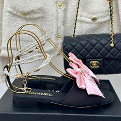 Double C Big Bow Pearl Chain Sandals Light Pink Black Lambskin