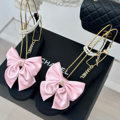 Double C Big Bow Pearl Chain Sandals Light Pink Black Lambskin
