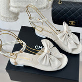 Double C Big Bow Pearl Chain Sandals White Lambskin