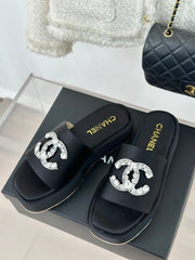 SLIPPERS THICK SOLE IN BLACK SATIN