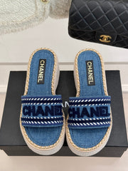 THICK SOLE WEDGE SLIPPERS IN CLASSIC BLUE DENIM FABRIC