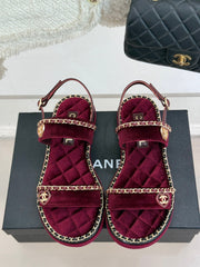 FLAT CHAIN HEART SANDAL IN PLUM PURPLE VELVET