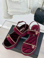 THICK-SOLED CHAIN HEART SANDAL IN PLUM PURPLE VELVET