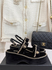THICK-SOLED CHAIN HEART SANDAL IN BLACK VELVET