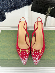 HIGH SLINGBACK 8.5 CM IN RED FABRIC WITH RHINESTONE EMBELLISHMENTS