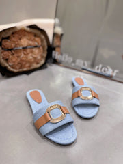 SLIDE MULE IN LIGHT BLUE DENIM AND BROWN CALFSKIN GOLD HARDWARE