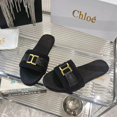 WOVEN SLIPPER IN BLACK WOOL AND LAMBSKIN GOLD HARDWARE
