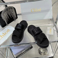 MILA FLAT SLIDES 5 CM IN BLACK CALFSKIN AND RE-NYLON