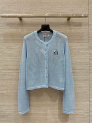 Loewe 25 Mesh Hollow Knitted Cardigan Blue Wool