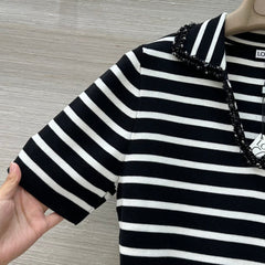 Loewe 25 Striped Knitted Polo Short-sleeved Top Black Tencel