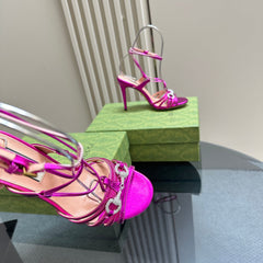 CRYSTAL HORSEBIT STRAPPY SANDAL 10.5CM IN HOT PINK PATENT LEATHER