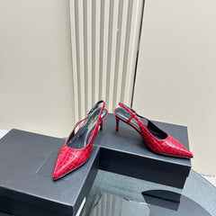 SL TRAPEZE CROCODILE MOTIF SLINGBACK PUMP RED CALFSKIN