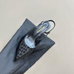 SL TRAPEZE CROCODILE MOTIF SLINGBACK PUMP BLACK CALFSKIN