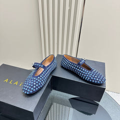 ALAIA CRYSTAL EMBELLISHED BALLET FLATS IN NAVY BLUE SUEDE