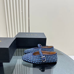 ALAIA CRYSTAL EMBELLISHED BALLET FLATS IN NAVY BLUE SUEDE