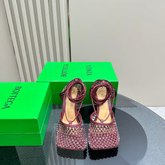 STRETCH HIGH HEELS 9 CM IN SANGRIA RED METALLIZE MESH AND LEATHER WITH CRYSTAL