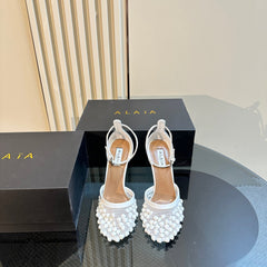 ALAIA HIGH FISHNET PUMPS WITH STUDS IN WHITE LYCRA MESH AND LAMBSKIN