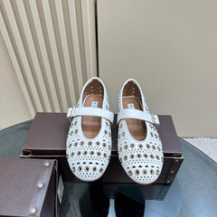 STRASS BALLET FLATS IN WHITE CALFSKIN