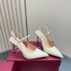 POINTED-TOE HIGH BAMBOO-EFFECT HEEL SLINGBACK IN CREAM PATENT CALFSKIN