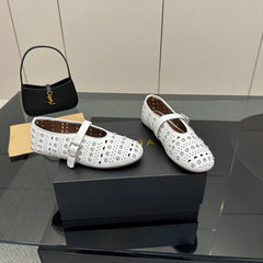 ALAIA BALLET SHOES 25S IN WHITE LAMBSKIN WITH CRYSTAL DETAILING