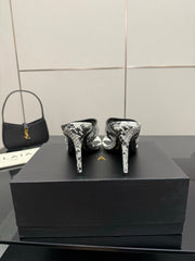 ALAIA HEELED THONG 25S IN WHITE AND BLACK LAMBSKIN SNAKE-EMBOSSED