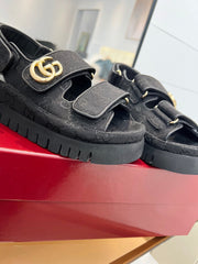 VELCRO STRAP SANDALS IN BLACK MONOGRAM CANVAS GOLD HARDWARE