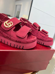 VELCRO STRAP SANDALS IN BRICK RED MONOGRAM CANVAS GOLD HARDWARE