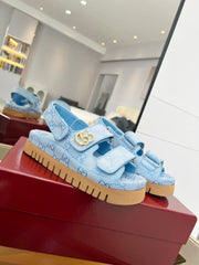 VELCRO STRAP SANDALS IN SKY BLUE MONOGRAM CANVAS GOLD HARDWARE