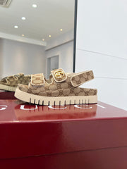 VELCRO STRAP SANDALS IN BEIGE AND DARK BROWN MONOGRAM CANVAS GOLD HARDWARE