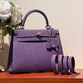 KELLY SELLIER 25 BAG IN ROYAL PURPLE OSTRICH LEATHER WITH SILVER HARDWARE
