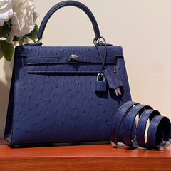 KELLY SELLIER 25 BAG IN NAVY BLUE OSTRICH LEATHER WITH SILVER HARDWARE