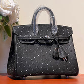 KELLY SELLIER 25 BAG IN BLACK OSTRICH LEATHER WITH WHITE RHINSTONES