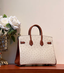 KELLY SELLIER 25 BAG IN WHITE MIX RED BROWN OSTRICH LEATHER
