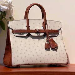 KELLY SELLIER 25 BAG IN WHITE MIX RED BROWN OSTRICH LEATHER
