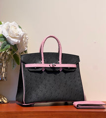 KELLY SELLIER 25 BAG IN BLACK MIX BABY PINK OSTRICH LEATHER