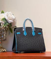 KELLY SELLIER 25 BAG IN BLACK MIX OCEAN BLUE OSTRICH LEATHER