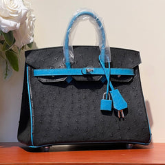 KELLY SELLIER 25 BAG IN BLACK MIX OCEAN BLUE OSTRICH LEATHER