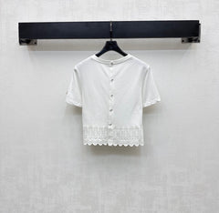 LV T-SHIRT WITH LACE-TRIMMED HEM