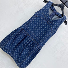 LV DENIM SLEEVELESS ROUND-NECK DENIM BLAZER DRESS 274793