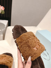 PRADA 25S FLAT MULES IN DARK BROWN RABBIT FUR