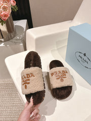 PRADA 25S FLAT MULES IN CREAM AND DARK BROWN RABBIT FUR