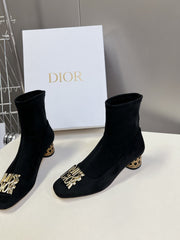 ICON HEELED ANKLE BOOT BLACK SUEDE 4 CM WITH GOLD LOGO