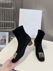 ICON HEELED ANKLE BOOT BLACK SUEDE 4 CM WITH GOLD LOGO